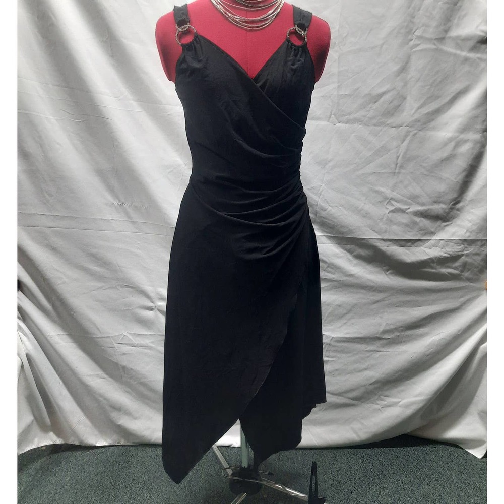 Y2K Vtg Janine Black Ruched handkerchief bottom VNeck Dress with Rhinestones Md.